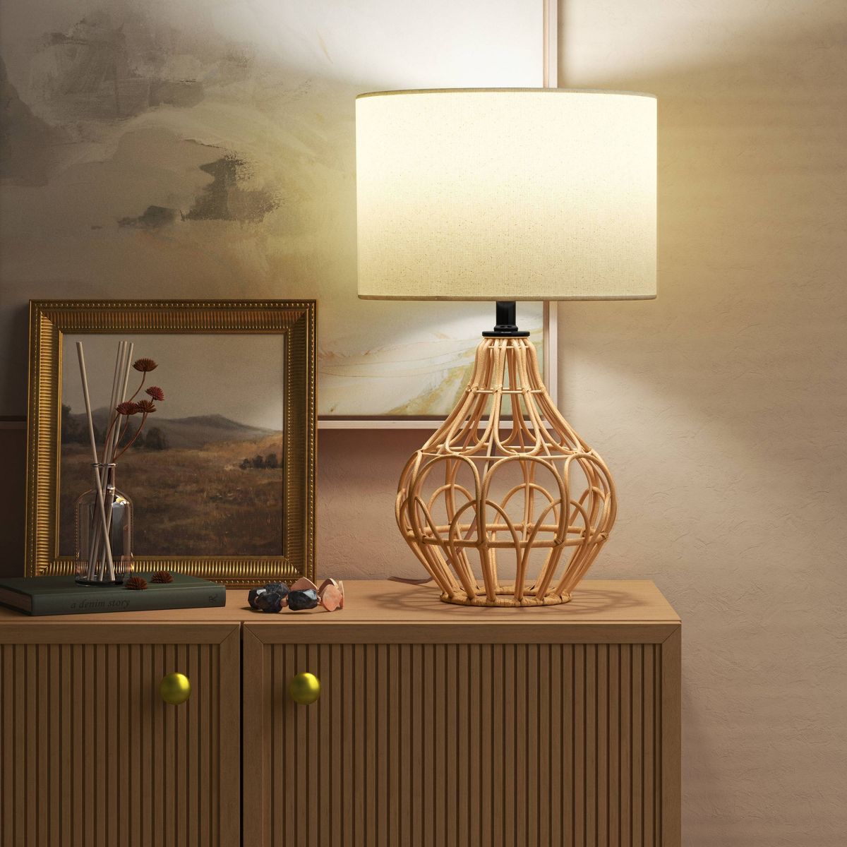 20"x12" Boho Rattan Table Lamp Brown